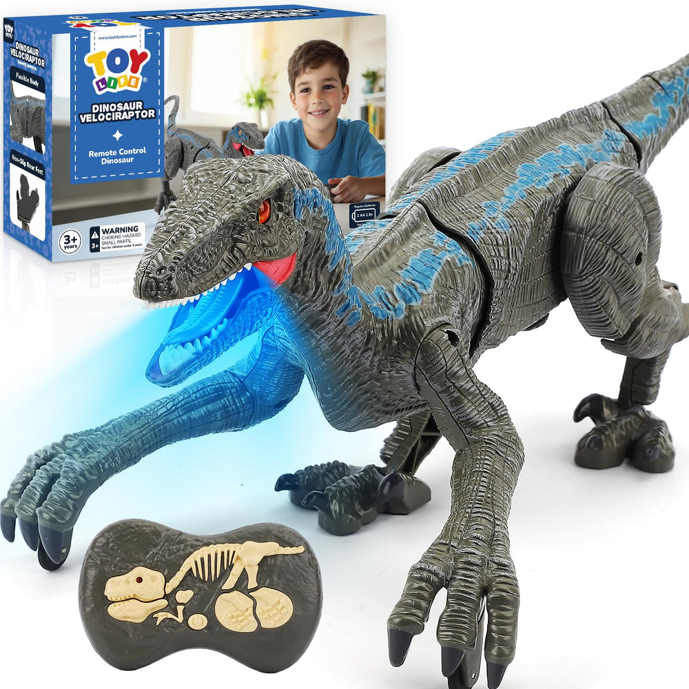 STEAM Life Velociraptor front view with LED eyes for immersive play.