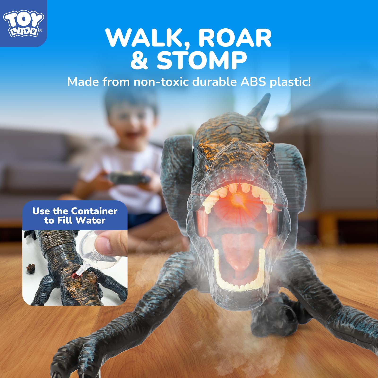 STEAM Life walking dinosaur with 60m range for outdoor adventures.