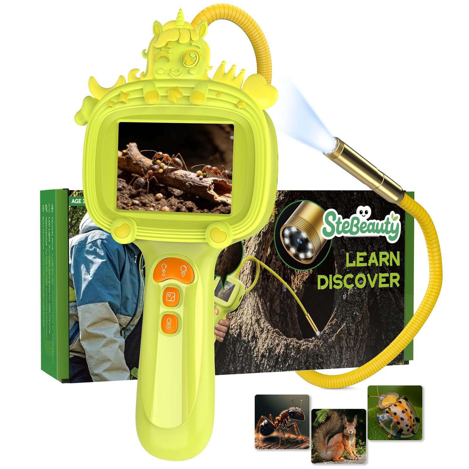 Stebeauty borescope snake camera with light captures angled view for kids.