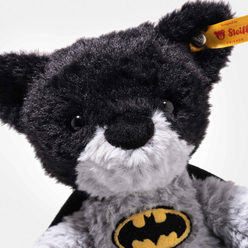 Steiff DC Batman Teddy Bear stands 12 inches tall for display and cuddling.