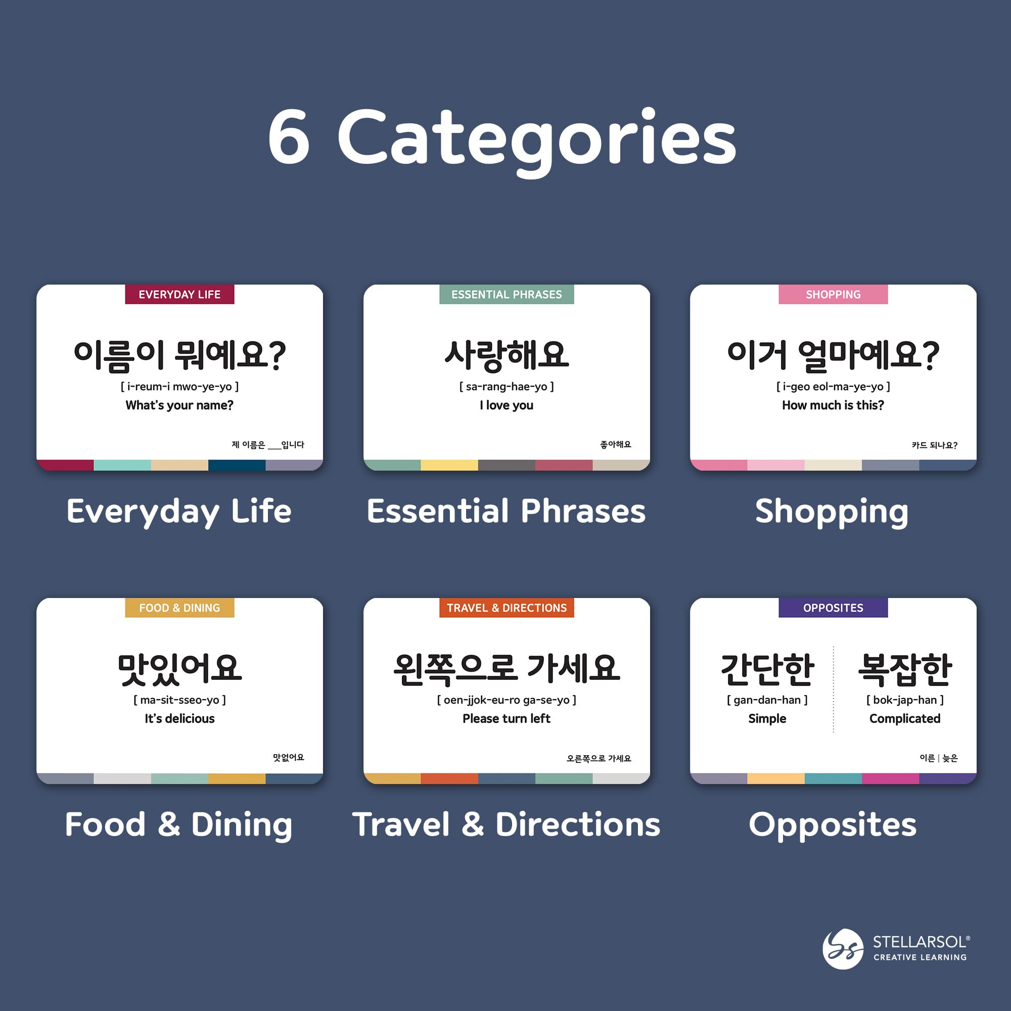 Stellarsol Korean flashcards beginners phrases illustration aids quick recall during practice
