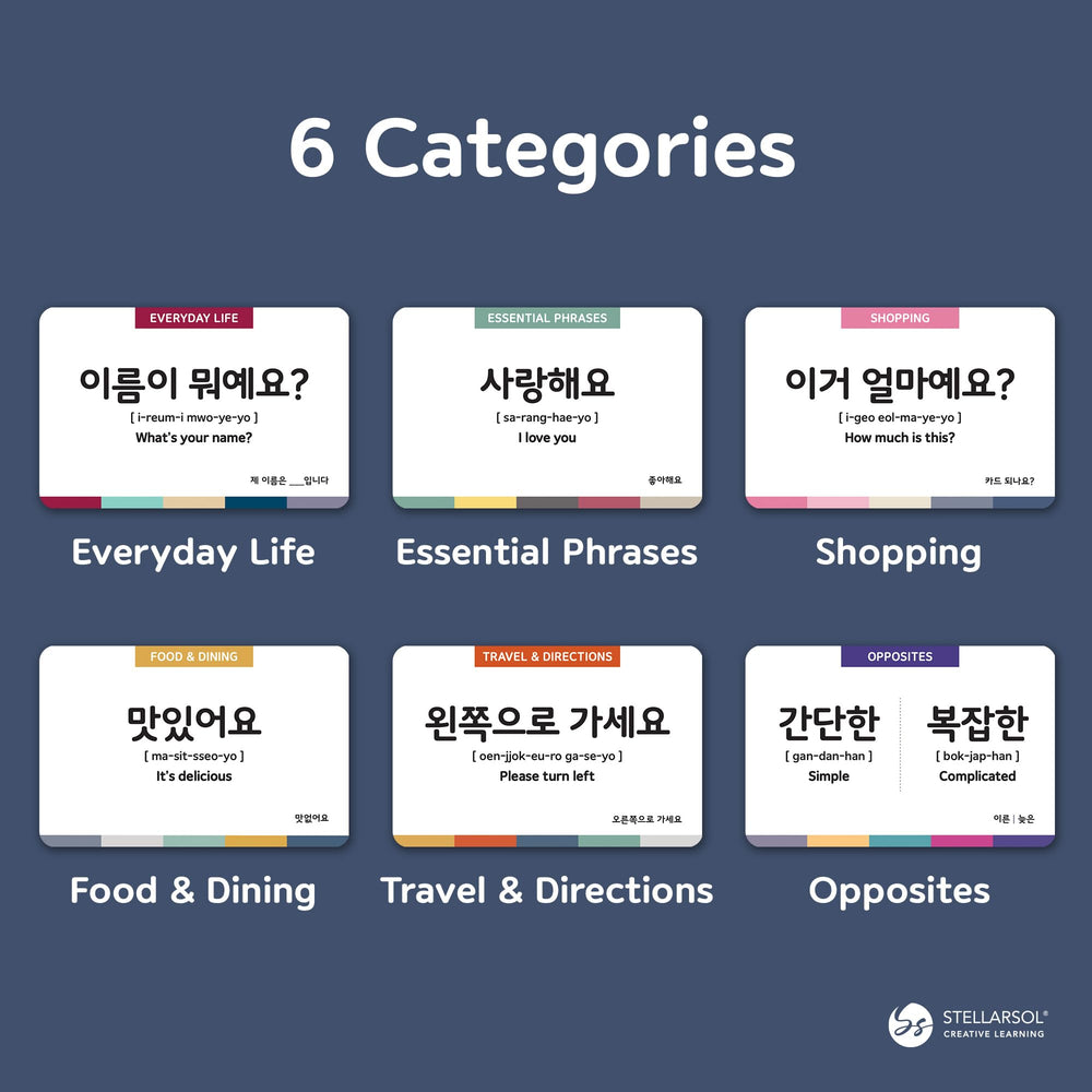 Stellarsol Korean flashcards beginners phrases illustration aids quick recall during practice