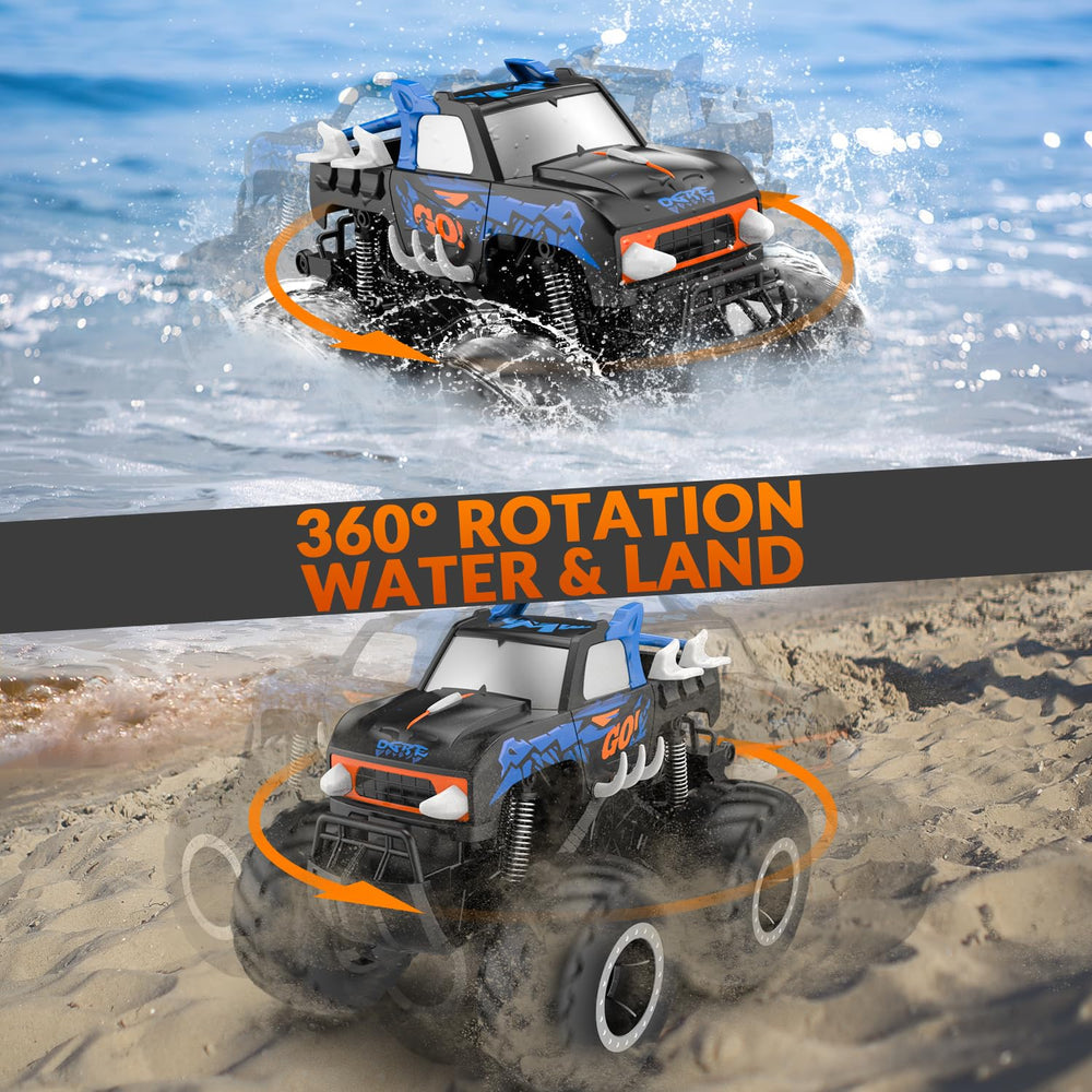 STEMTRON amphibious RC car performing a 360-degree spin
