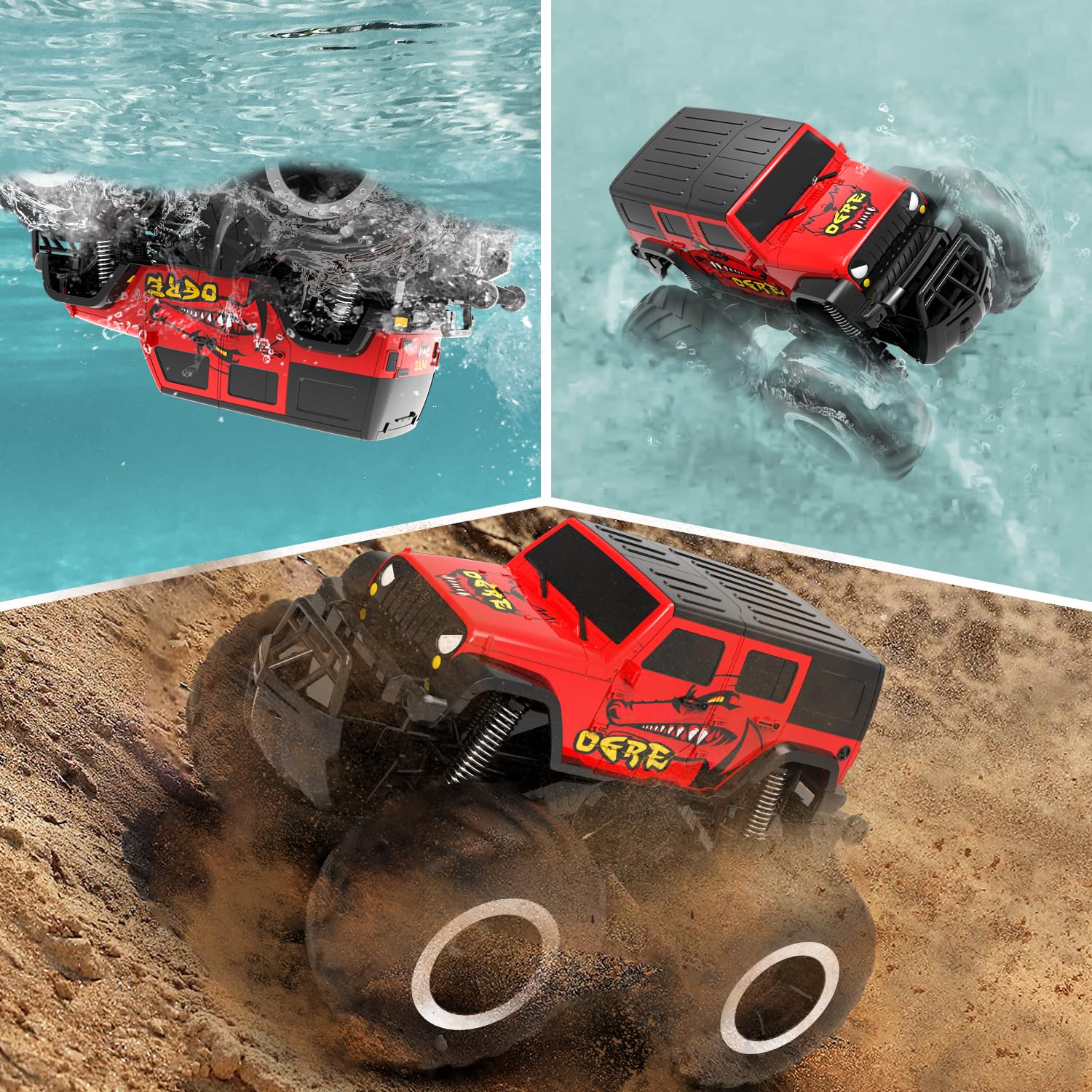 STEMTRON Amphibious RC Car all-terrain build image highlights durable waterproof design