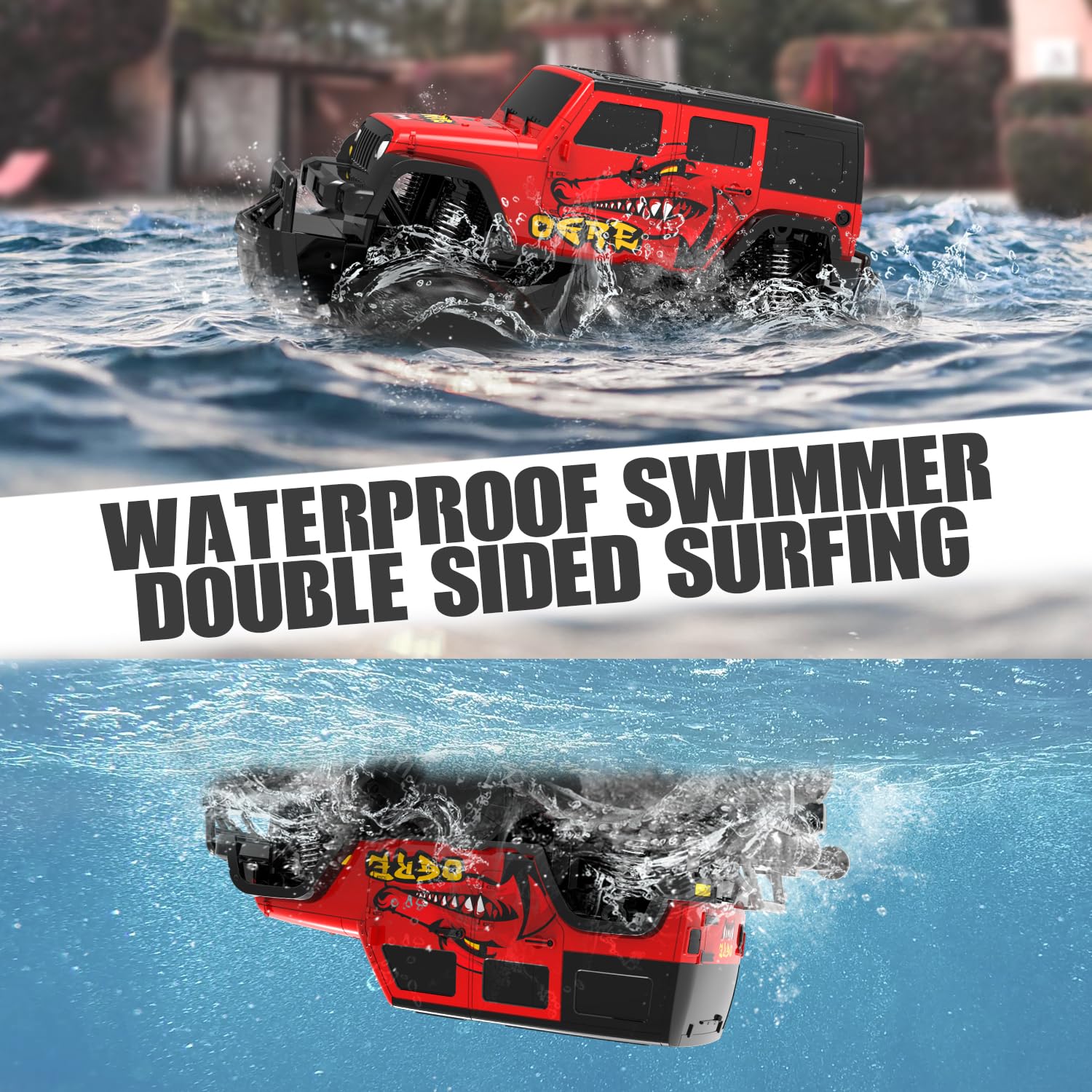 STEMTRON Amphibious RC Car doublesided image emphasizes seamless land to water transition