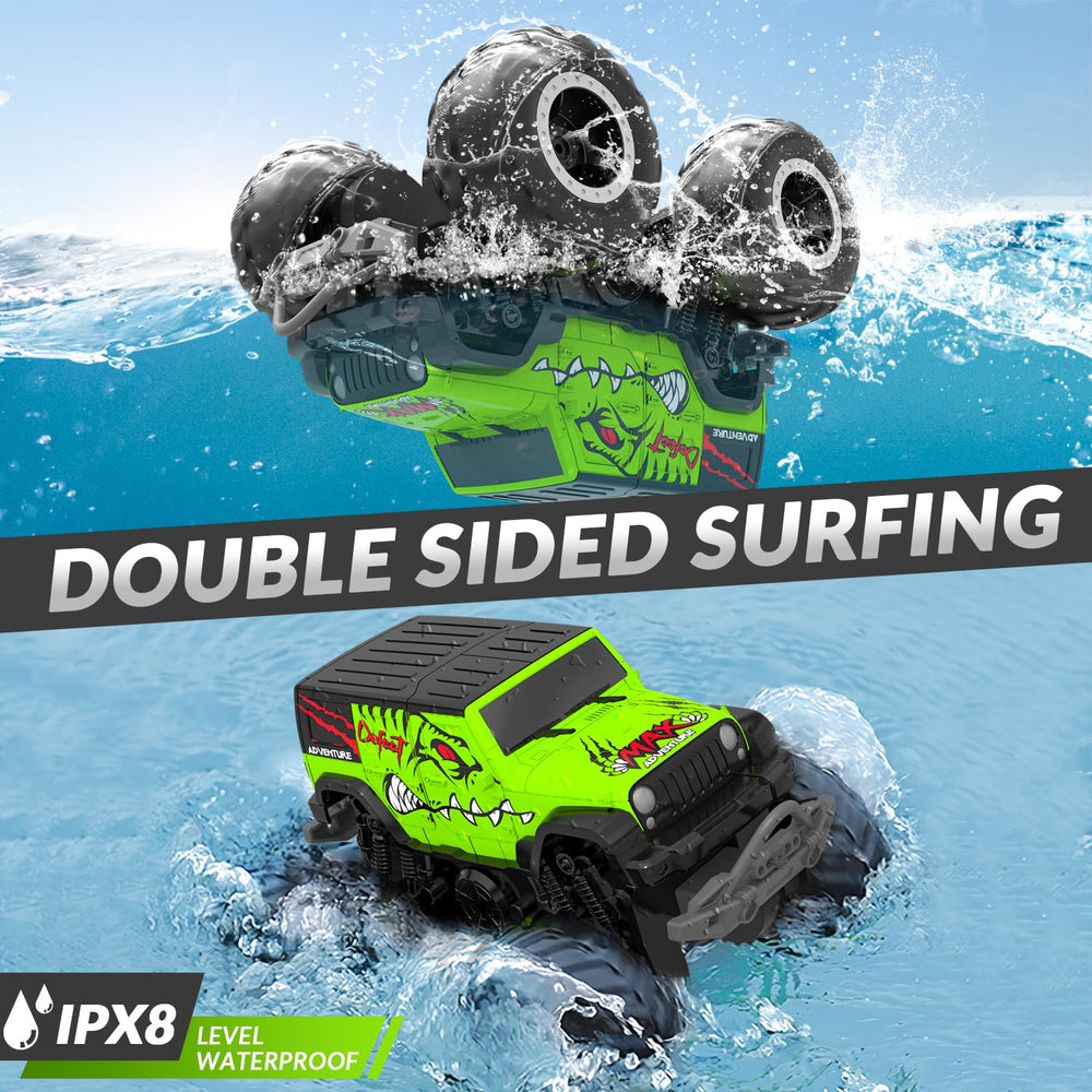 STEMTRON Amphibious RC Car 2.4GHz remote enabling multiple cars without interference.