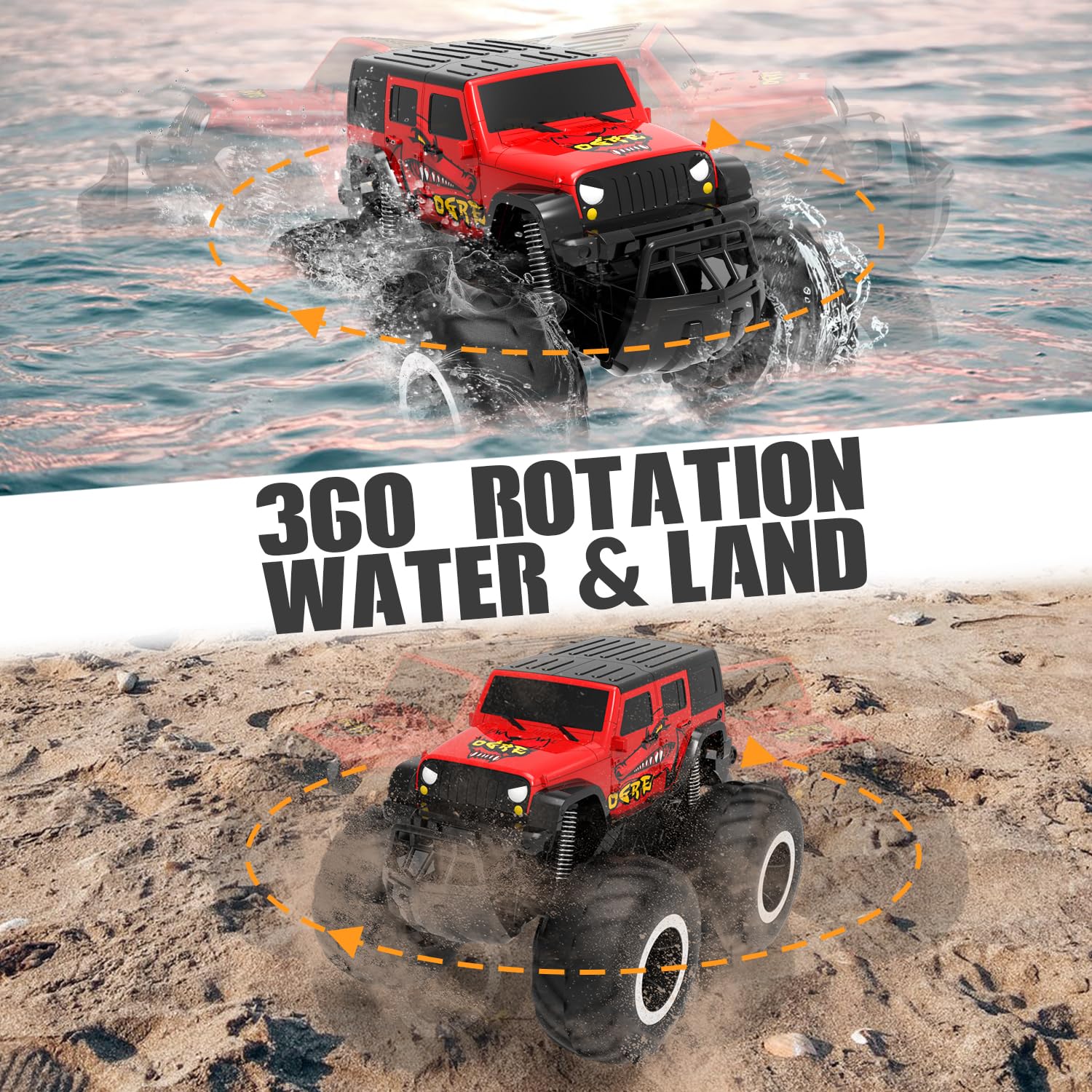 STEMTRON Amphibious RC Car water driving image highlights double-sided surfing