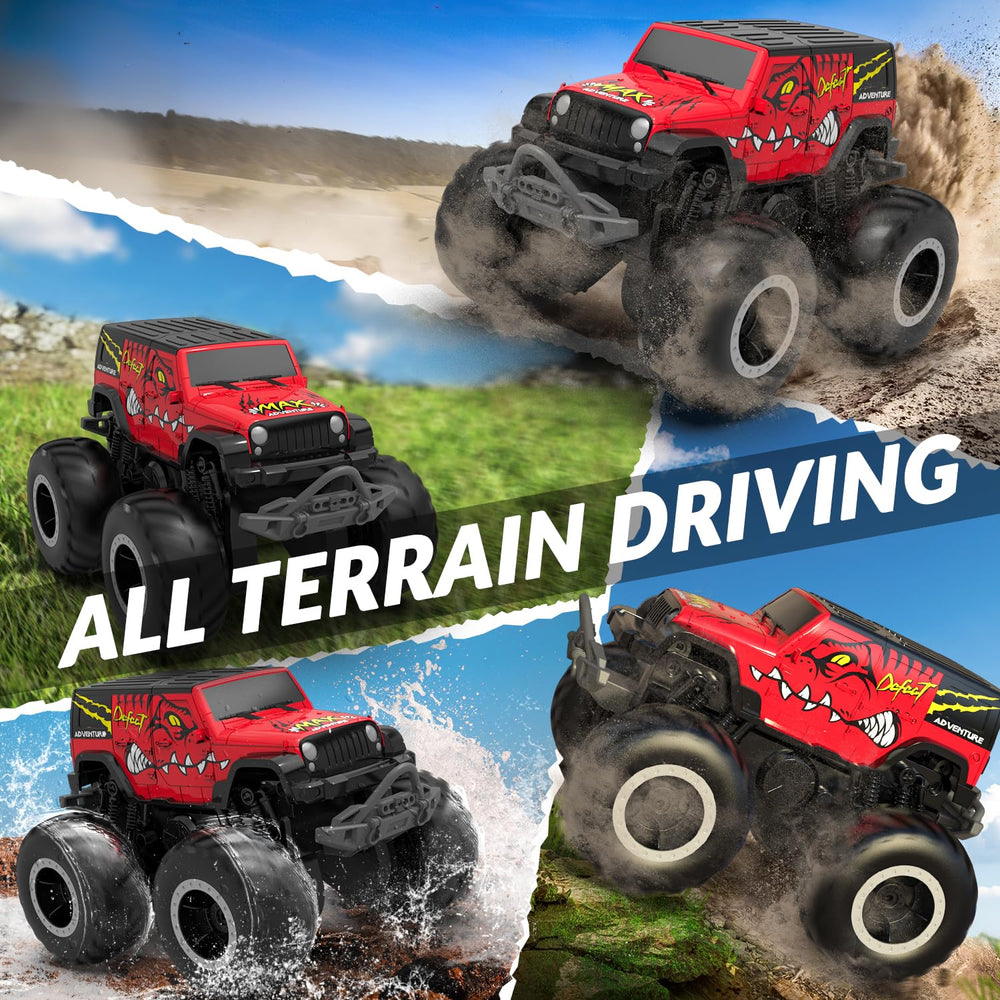 STEMTRON RC Car with oversized tires grips sand and grass.