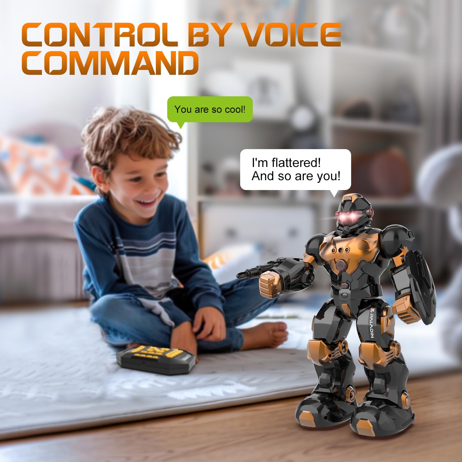 STEMTRON robot's LED eyes glow to add engaging visual cues during play.