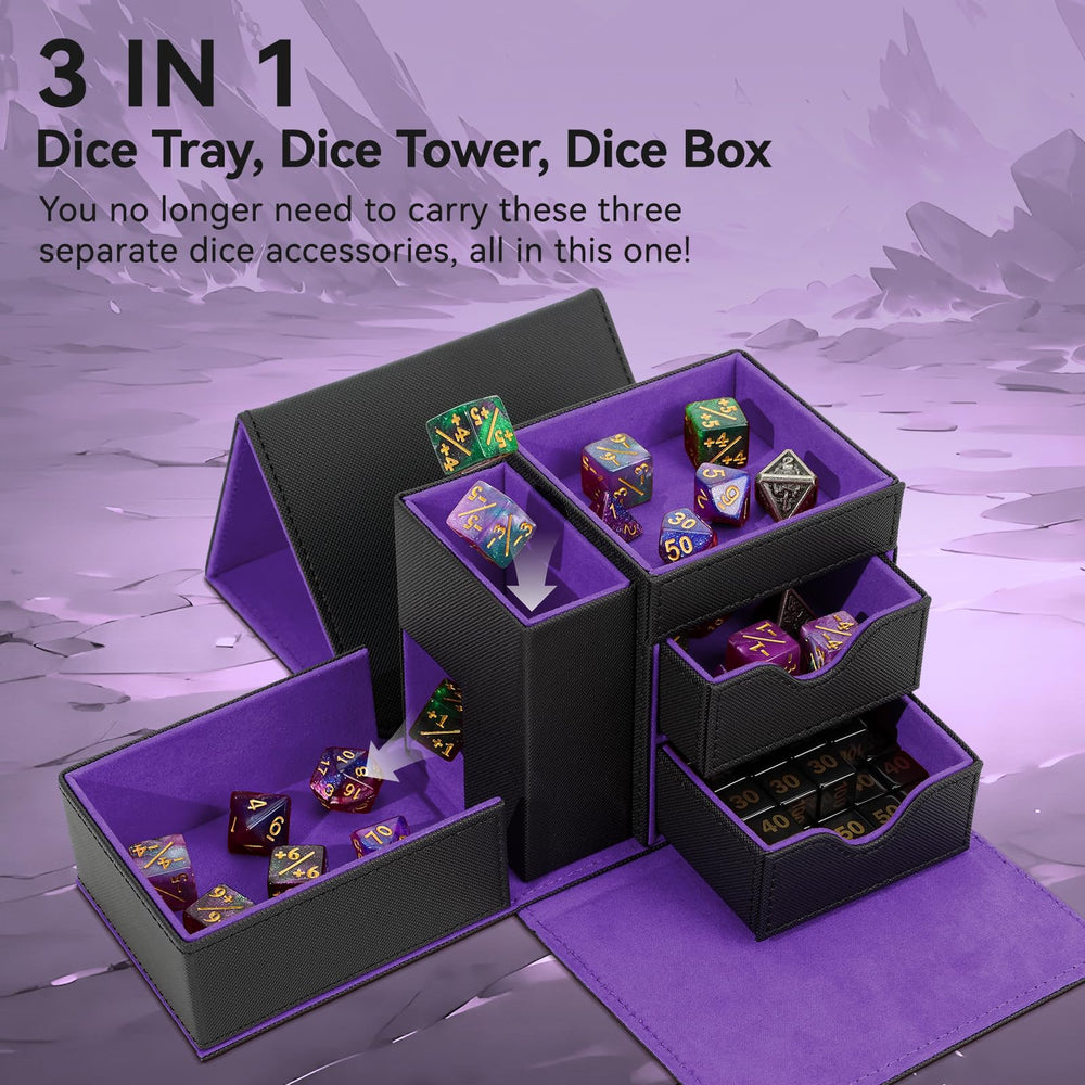 Stepane dice tray with magnetic closure keeps dice secure between sessions.