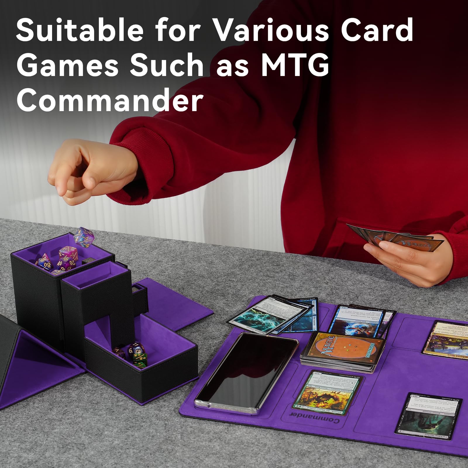 Stepane dual storage drawers organize dice, tokens, and coins while on the go.