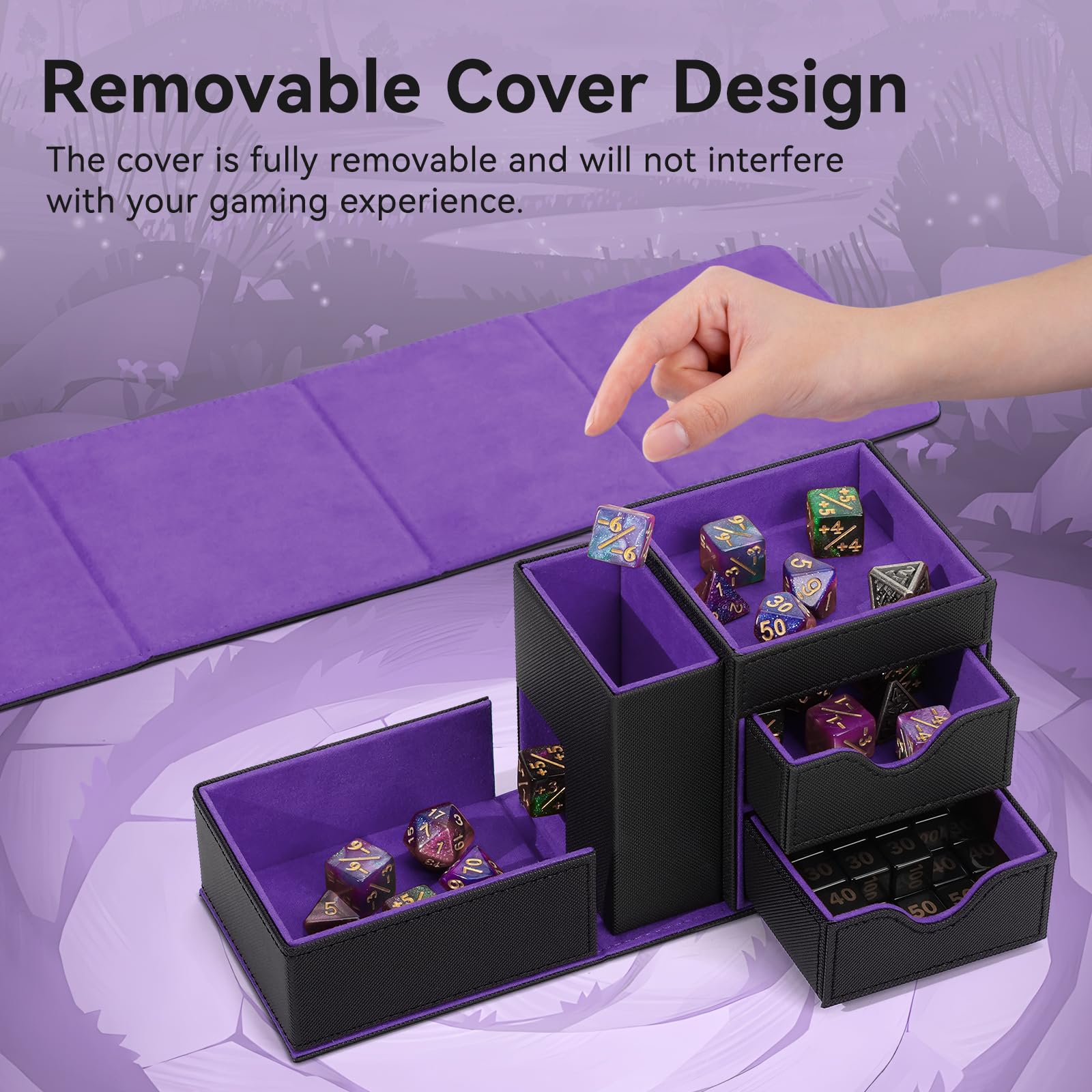 Stepane velvet-lined interior protects dice and minis from scratches.