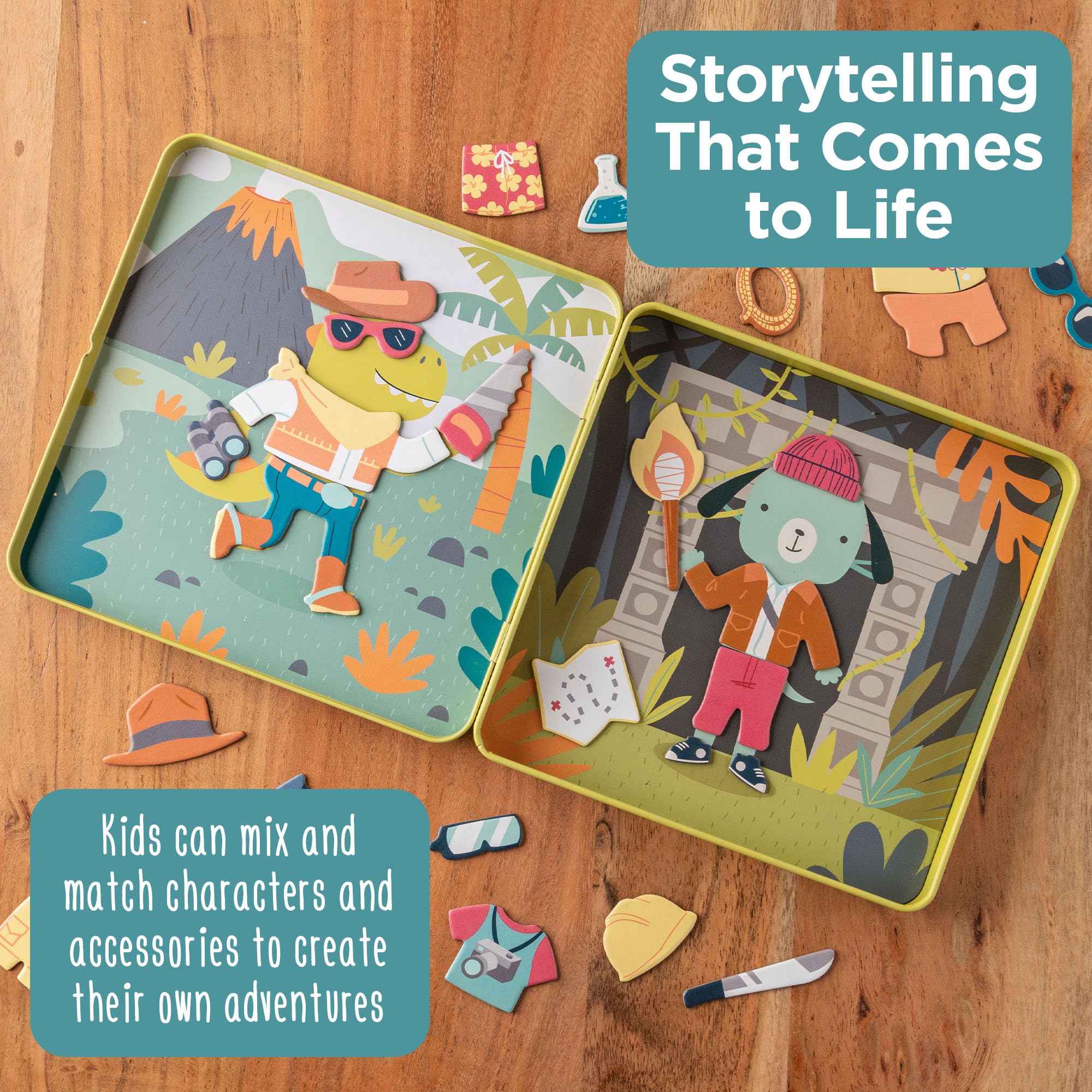 Forty unique pieces from Stephen Joseph travel tin for creative play