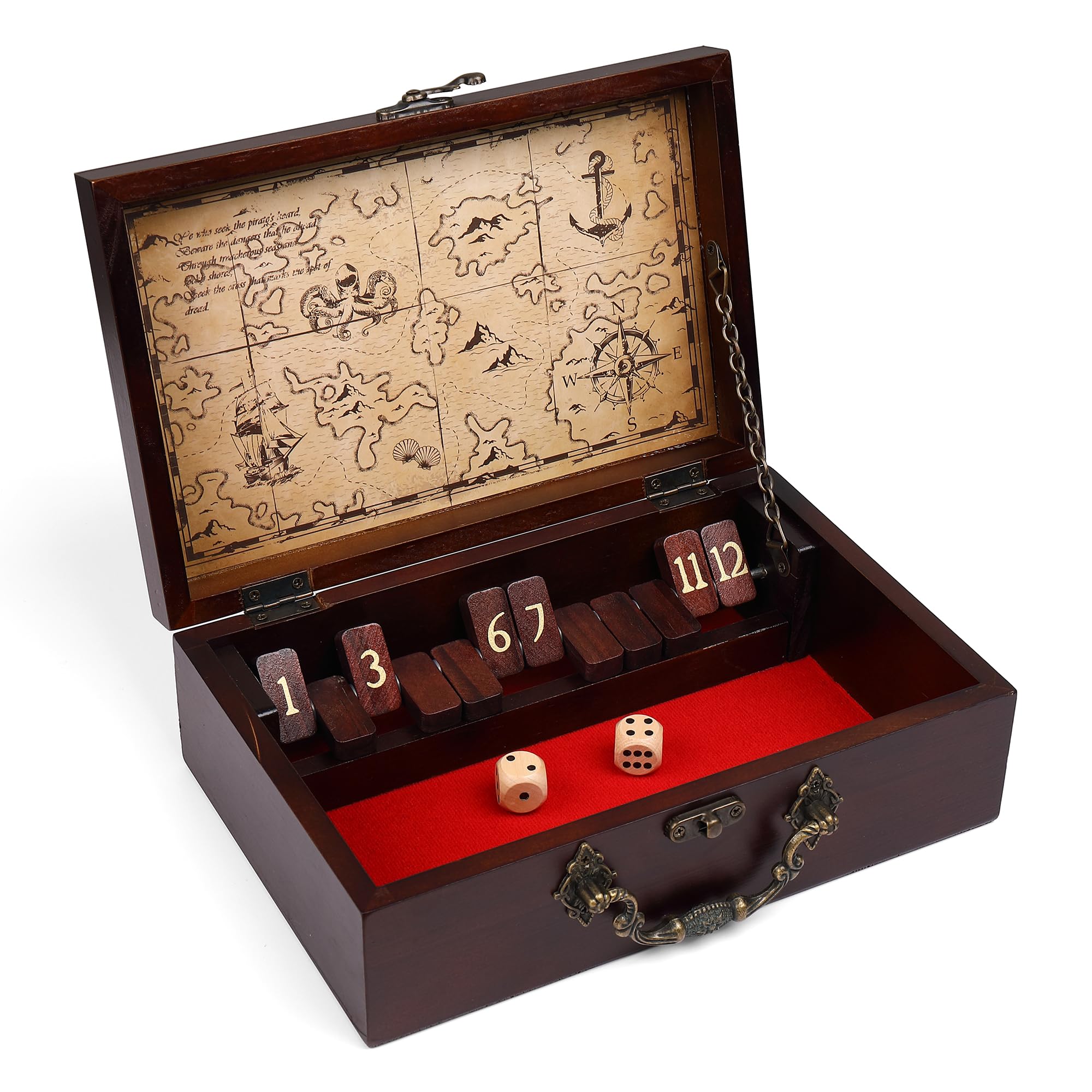 STERLING Shut the Box wooden box lid with compass detail for travel-friendly nautical gaming.