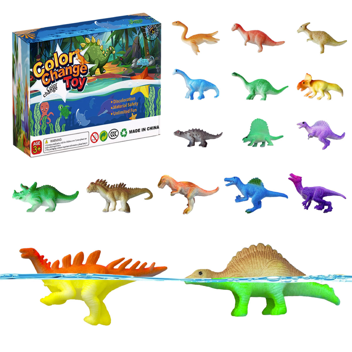 Sterofari thermochromic dinosaurs 16pc set changing color in water for engaging bath time.