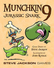 Munchkin 9 Jurassic Snark cards spread featuring dinosaur monsters for quick chaotic battles