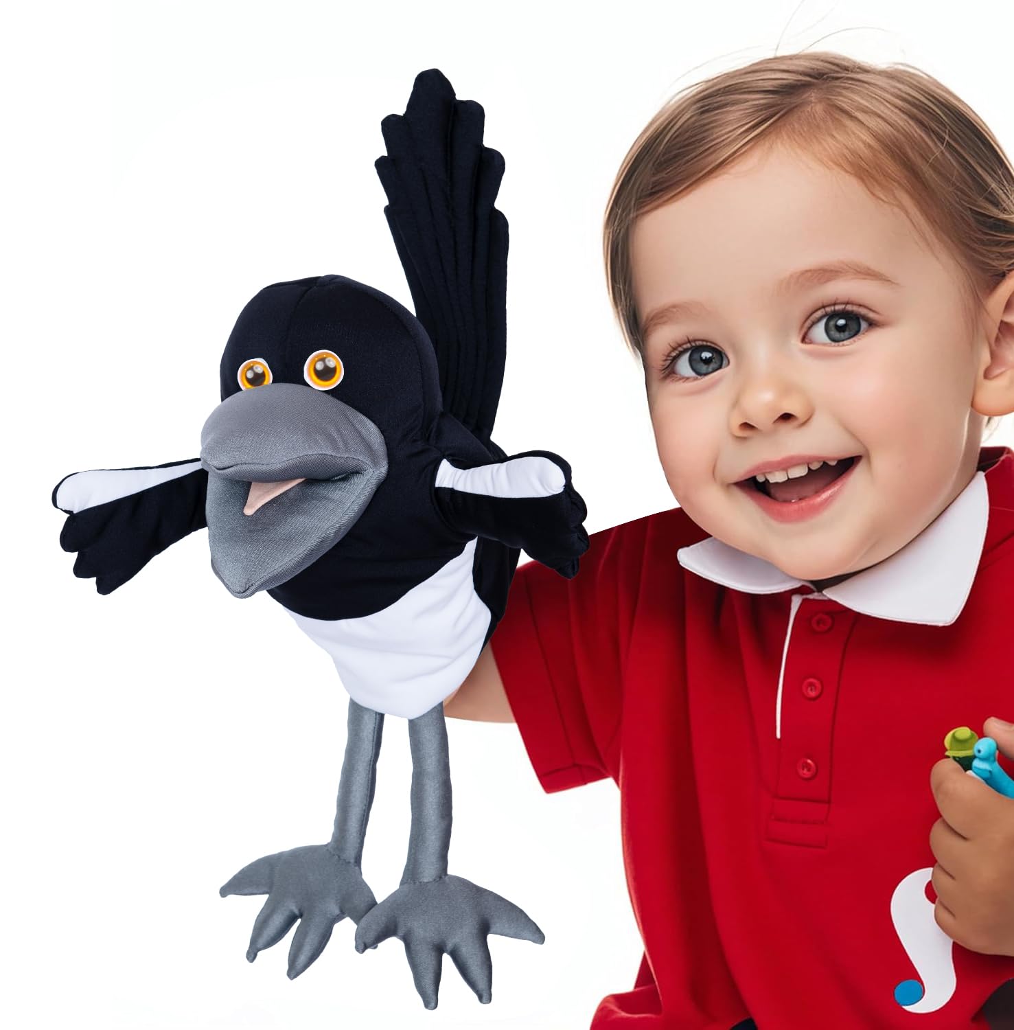 Steve and Maggie Maggie Magpie hand puppet with vivid 3D eyes for storytelling.