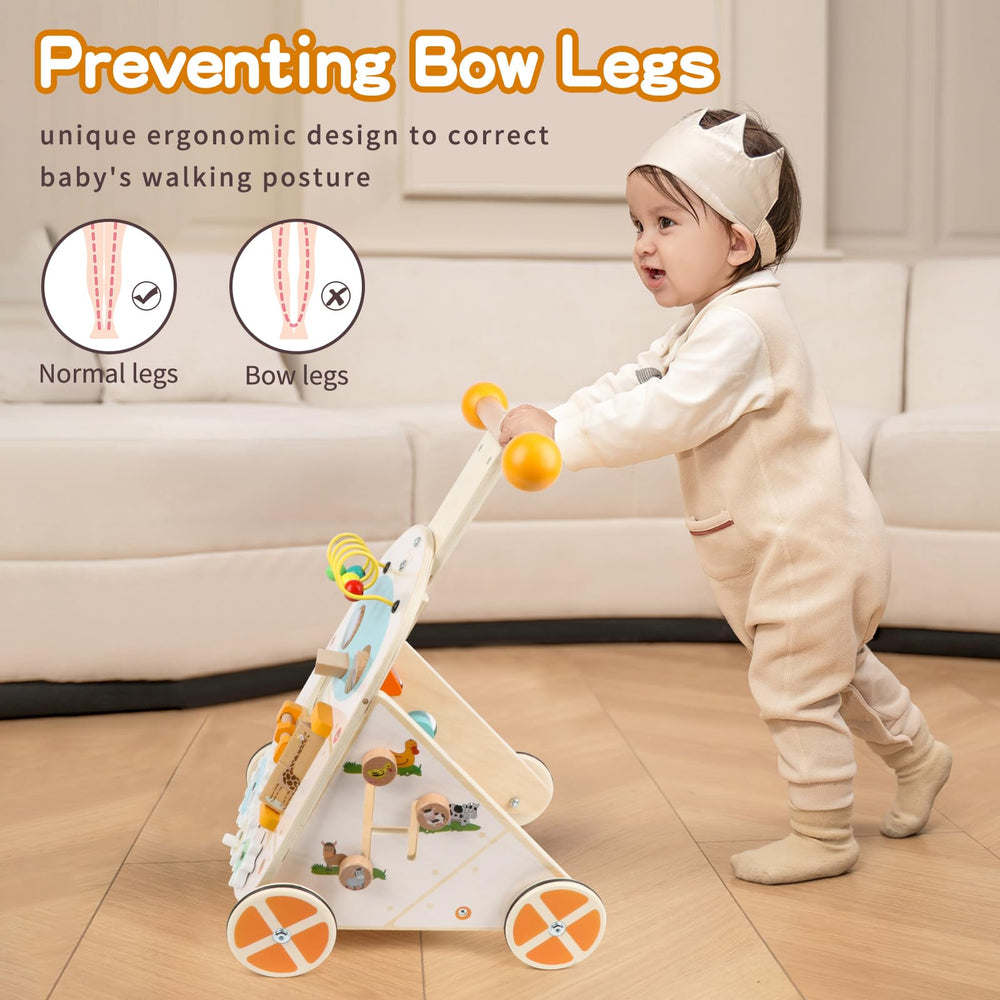 Steventoys wooden push walker with guide book on table.