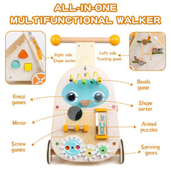 Steventoys wooden push walker front view shows safe, smooth-glide wheels.