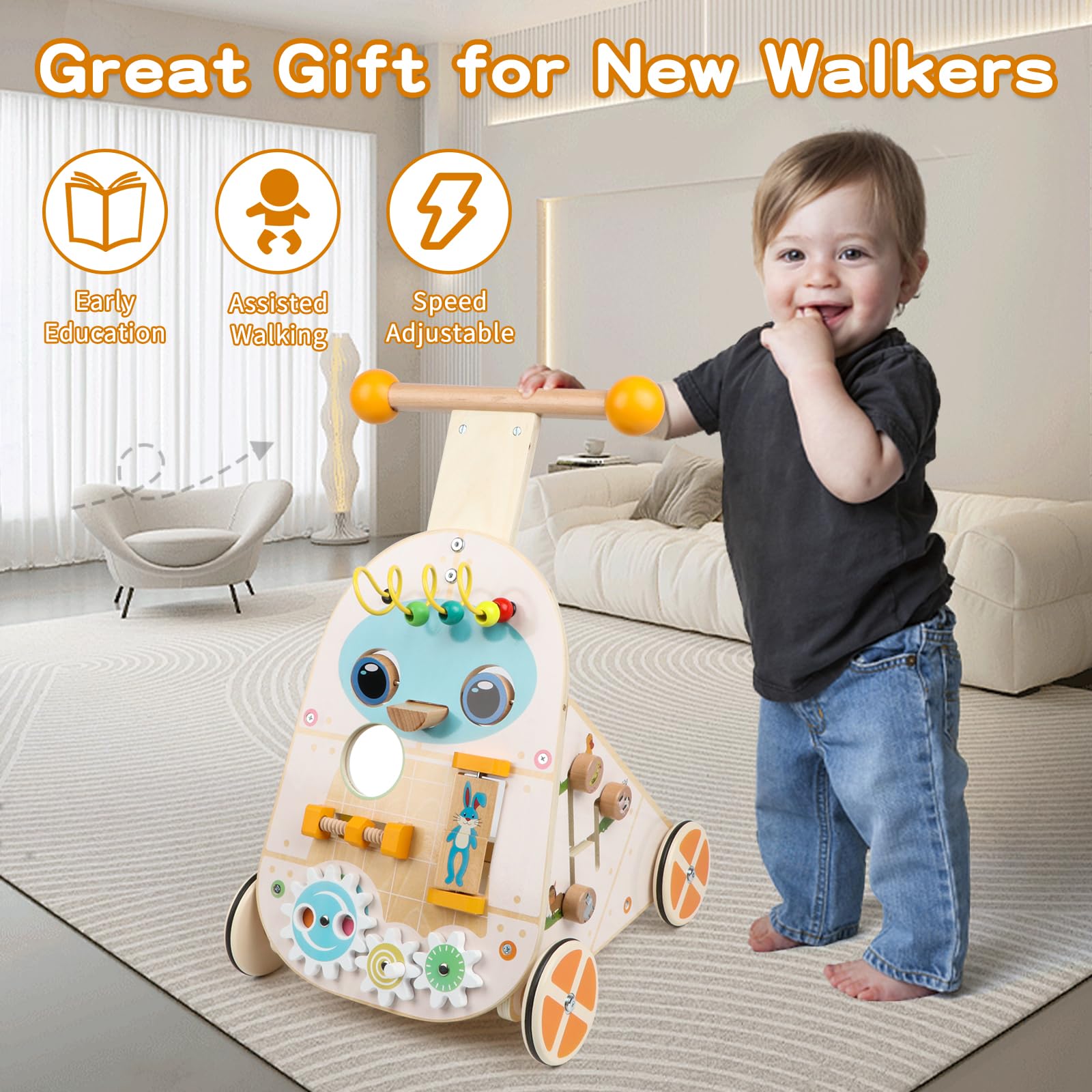 Steventoys speed-adjustable walker detail demonstrates customizable pace for toddlers.