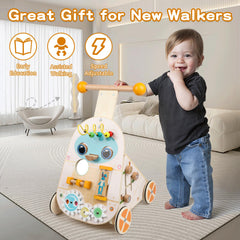 Steventoys speed-adjustable walker detail demonstrates customizable pace for toddlers.