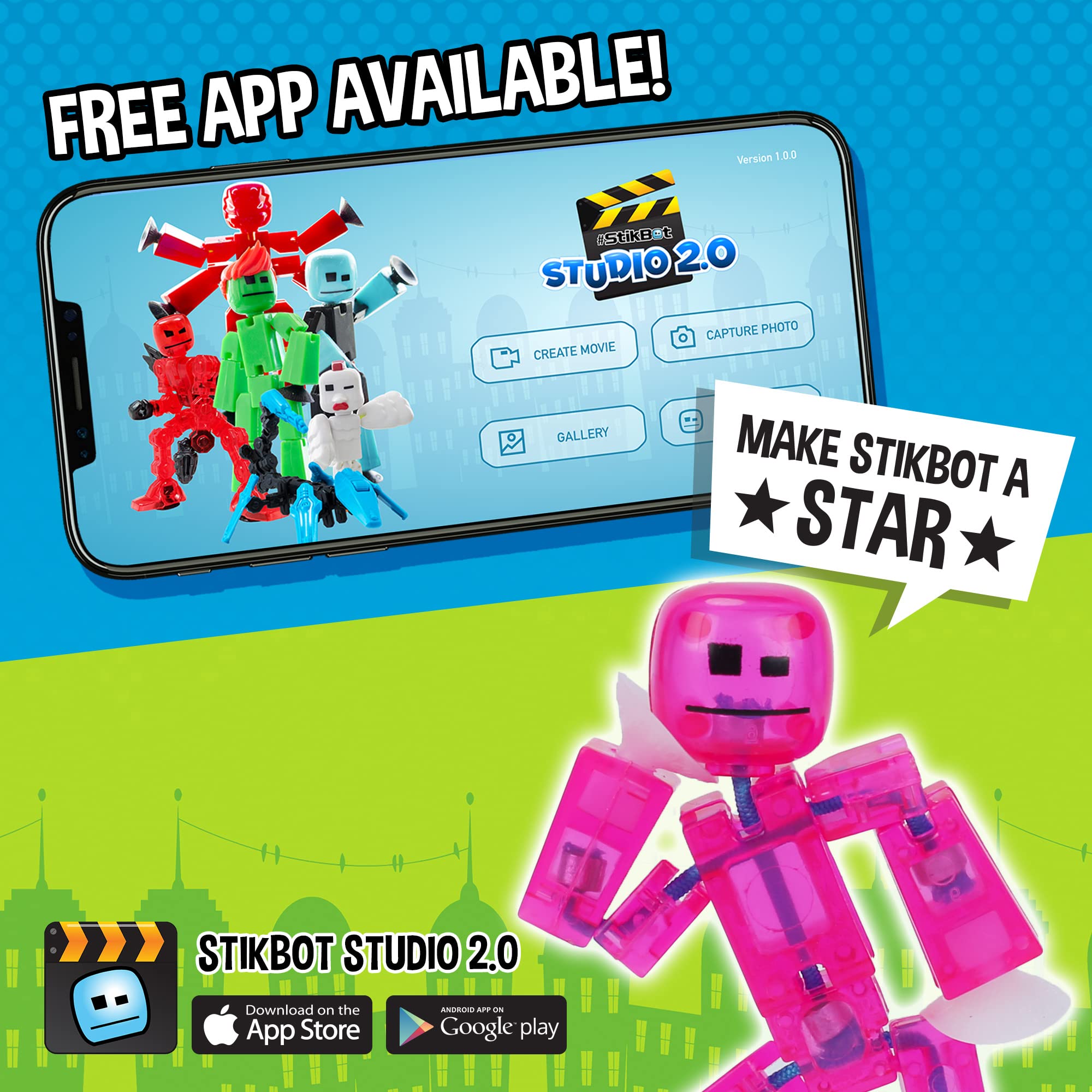 StikBot Studio app screen shows stop-motion controls.