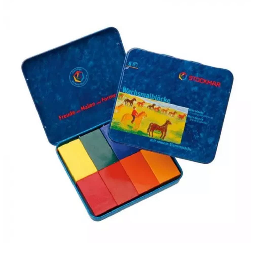 Stockmar beeswax block crayons in tin case with eight vibrant colors for safe kid art