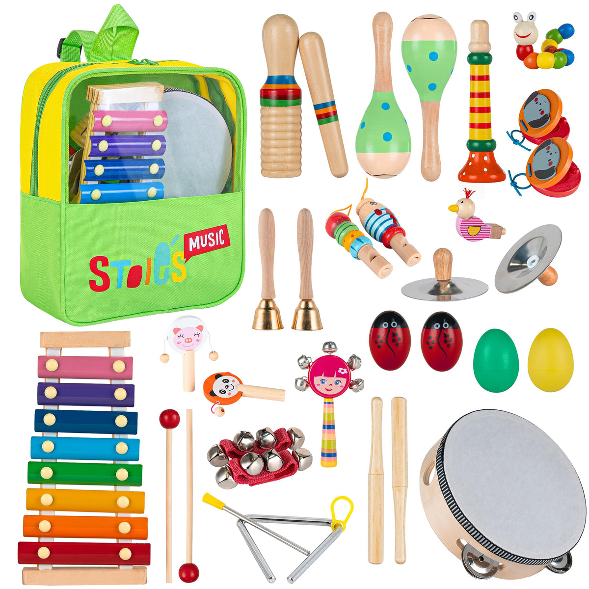 Stoie's wooden maracas in a toddler-friendly rhythm play setup.