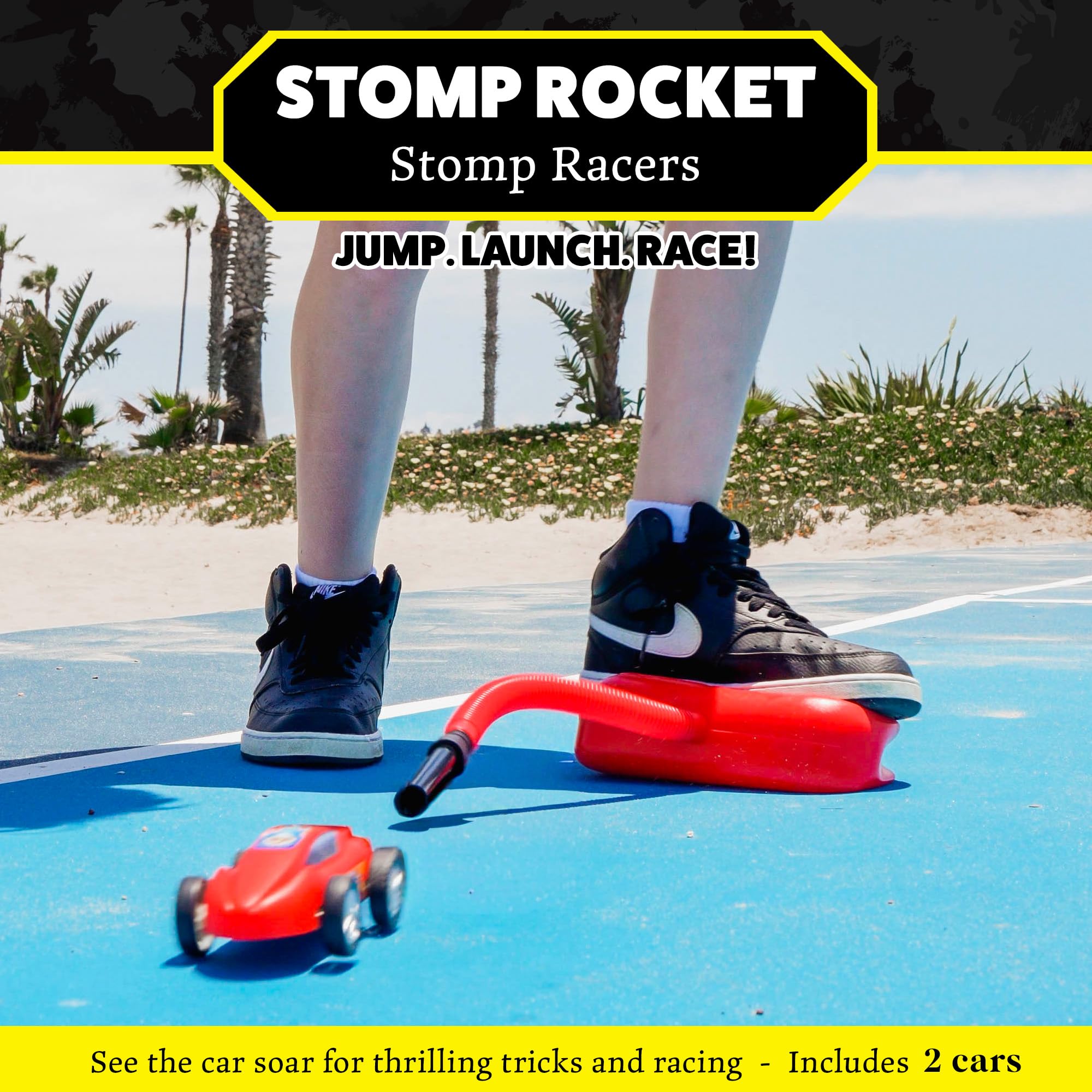 Stomp Rocket air powered cars launching from an adjustable launcher