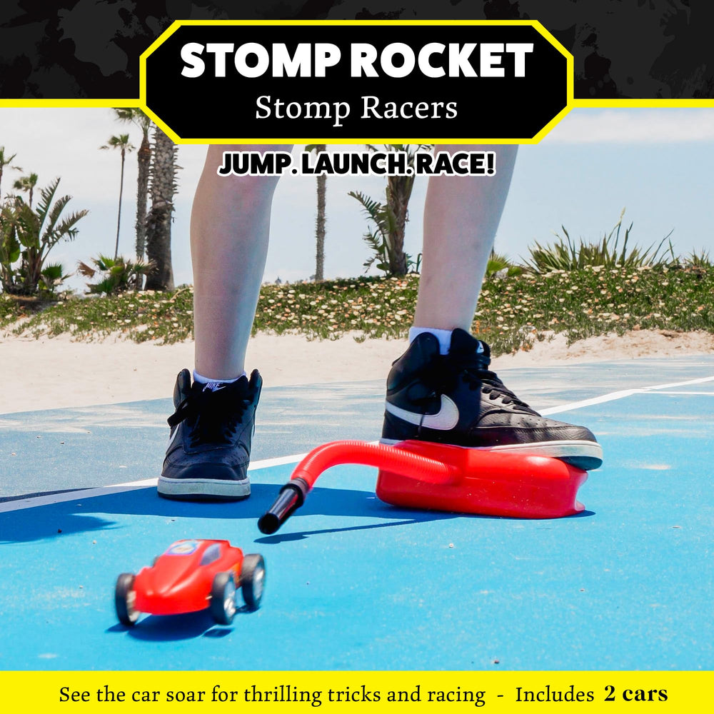 Stomp Rocket air powered cars launching from an adjustable launcher