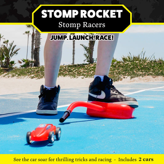 Stomp Rocket air powered cars launching from an adjustable launcher