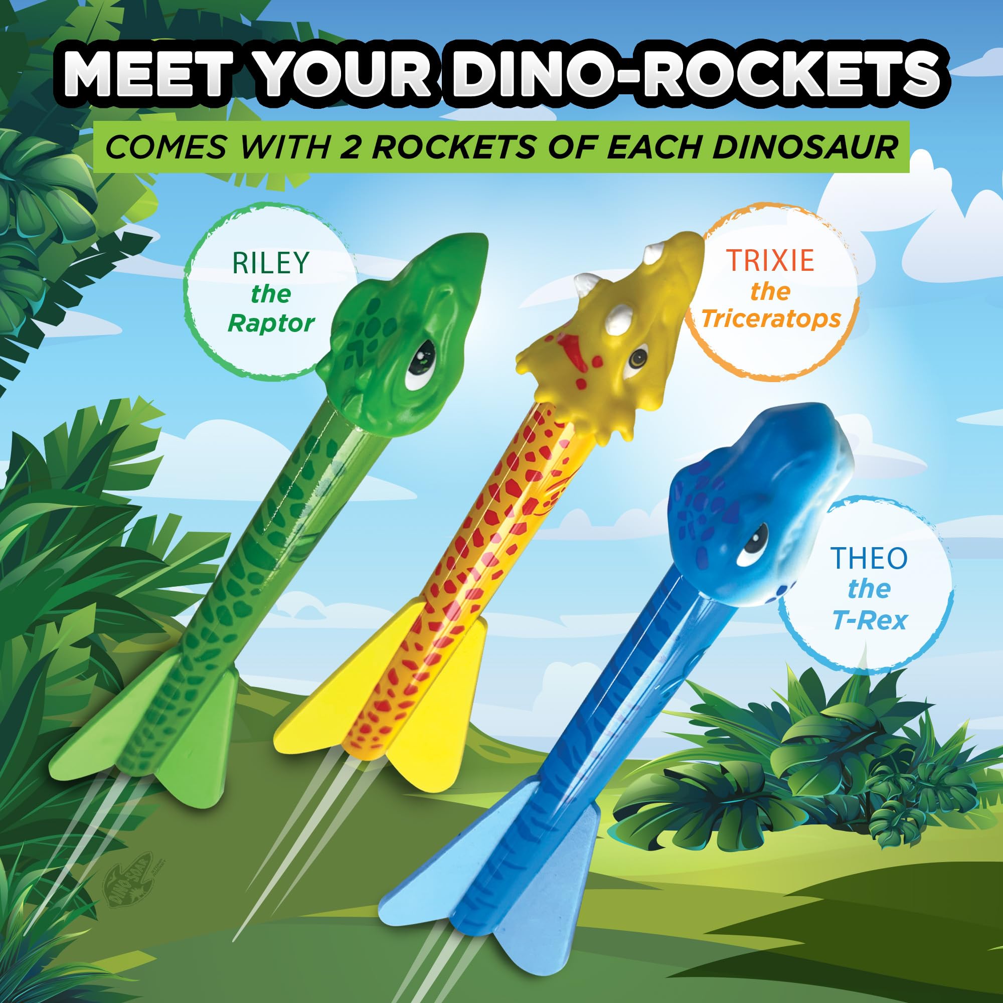 Six dino foam rocket fins and heads ready for action