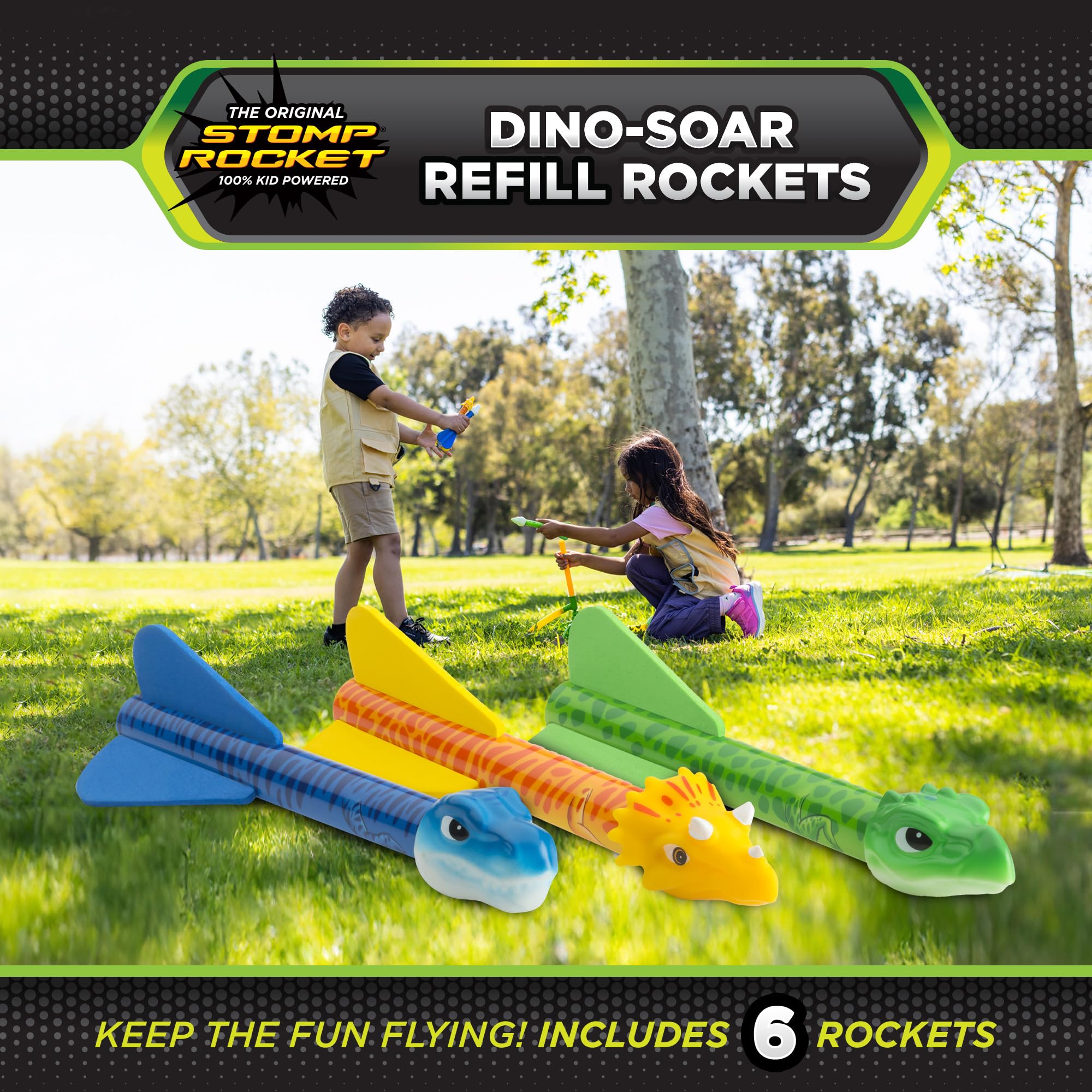Dino foam heads and foam fins shown for gentle landings and safe outdoor use