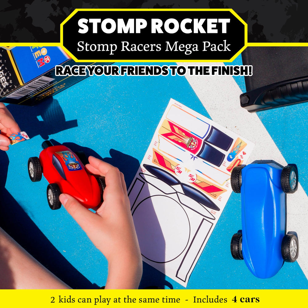 Stomp Rocket four race cars ready for fast lawn action.