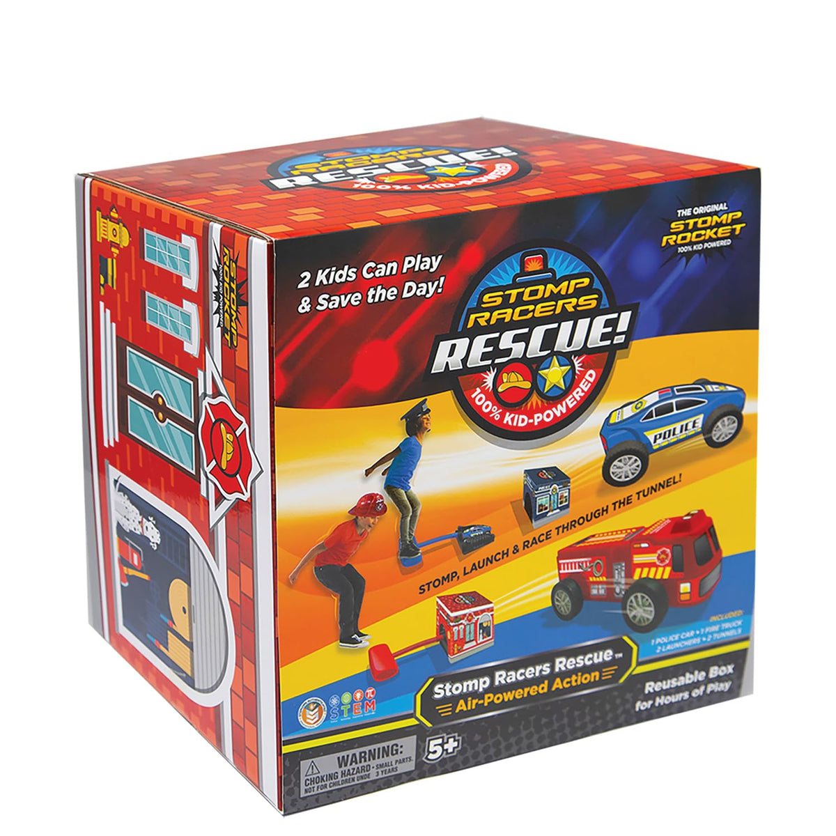Stomp Rocket Rescue Racers firetruck in action for battery-free indoor play