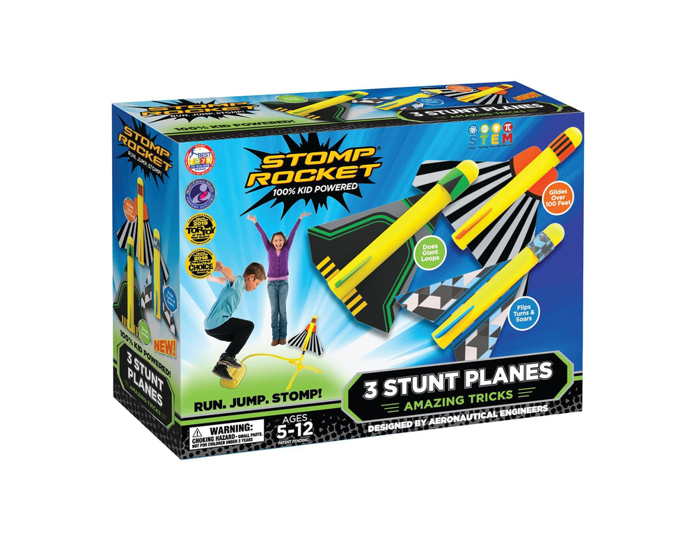 Stomp Rocket stunt-plane launcher stand with adjustable angle for versatile outdoor flights.