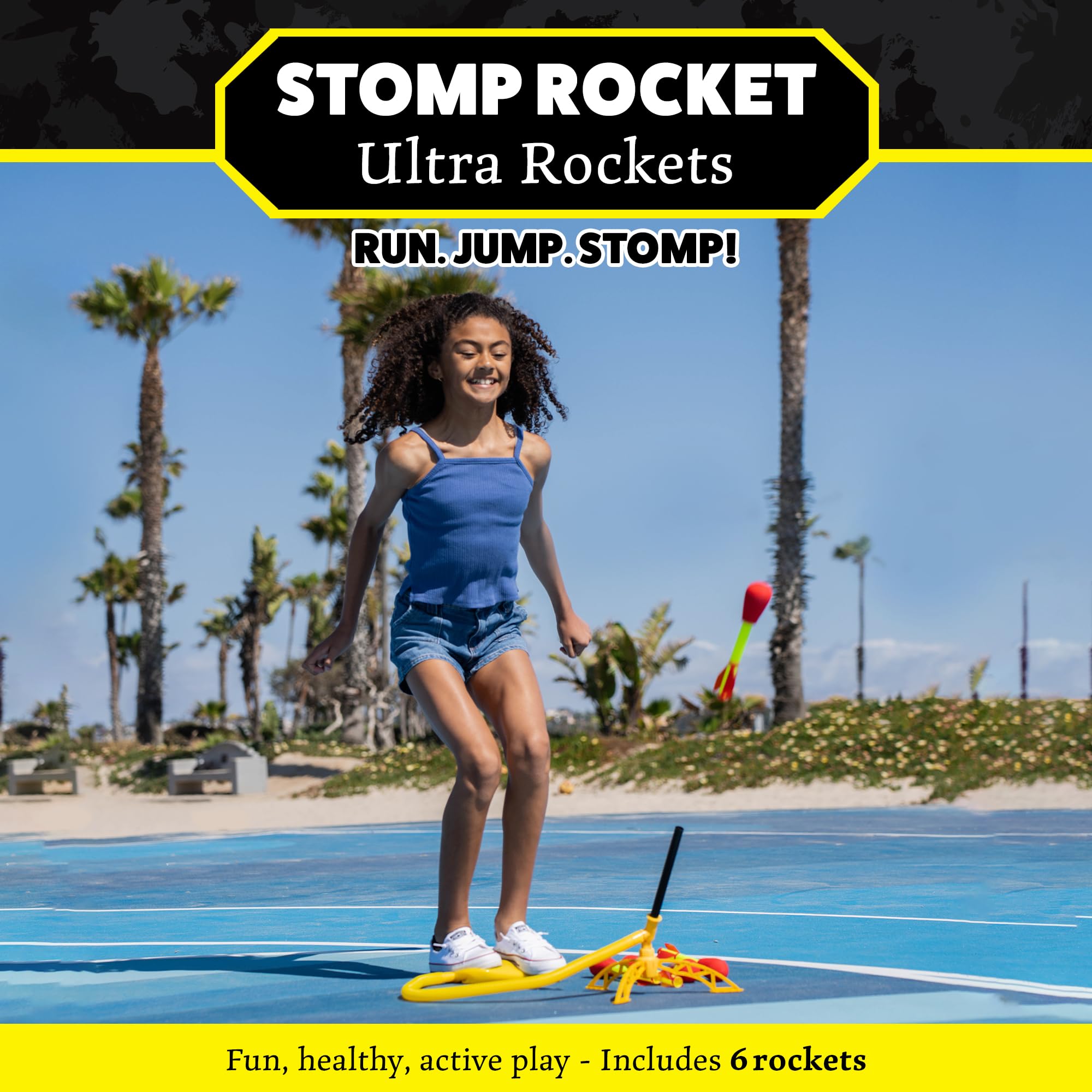 Stomp Rocket Ultra launcher side view showing adjustable stand for versatile play