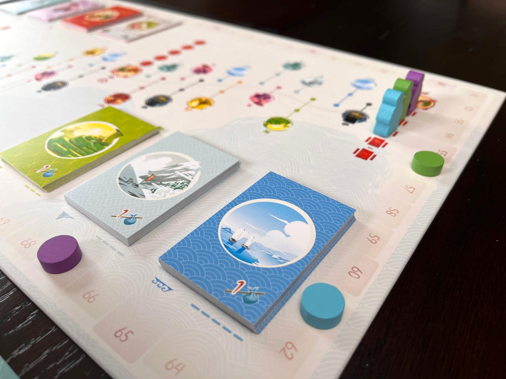 Stonemaier Tokaido inns and farms, showcasing resource planning during journey.