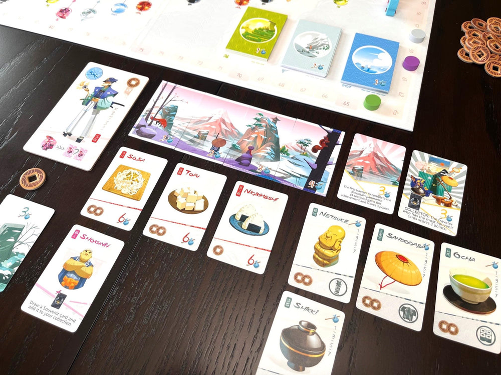 Stonemaier Tokaido meals and landscapes, savoring unique experiences.