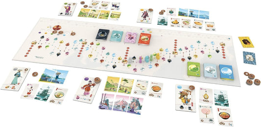 Stonemaier Tokaido travel road scene, inviting zen strategy and mindful exploration.
