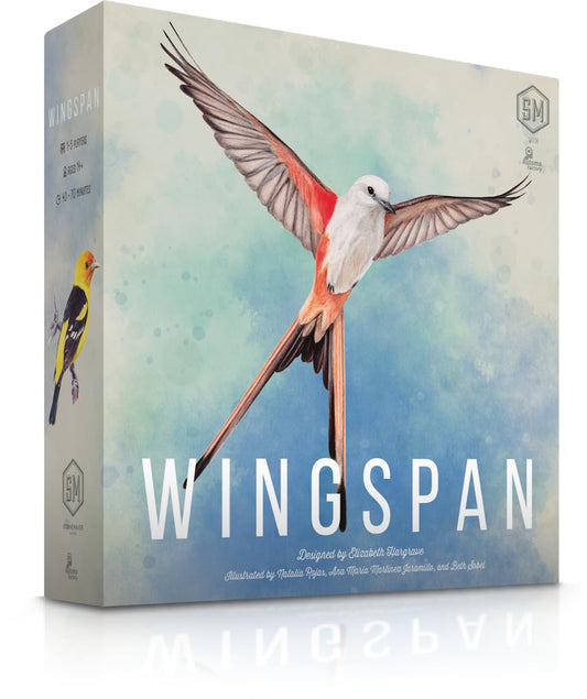 Stonemaier Wingspan base game box front showing art and components for family play.