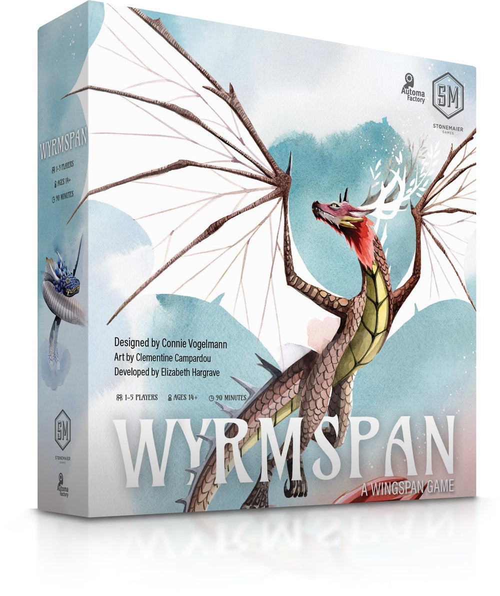 Stonemaier Wyrmspan base game cover art with dragon silhouettes for an eye-catching shelf display