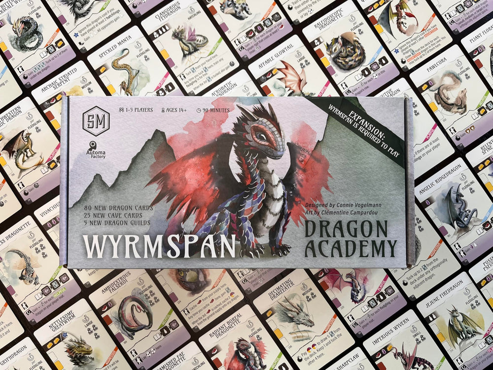 Stonemaier Wyrmspan expansion components closeup showing new dragons and caves