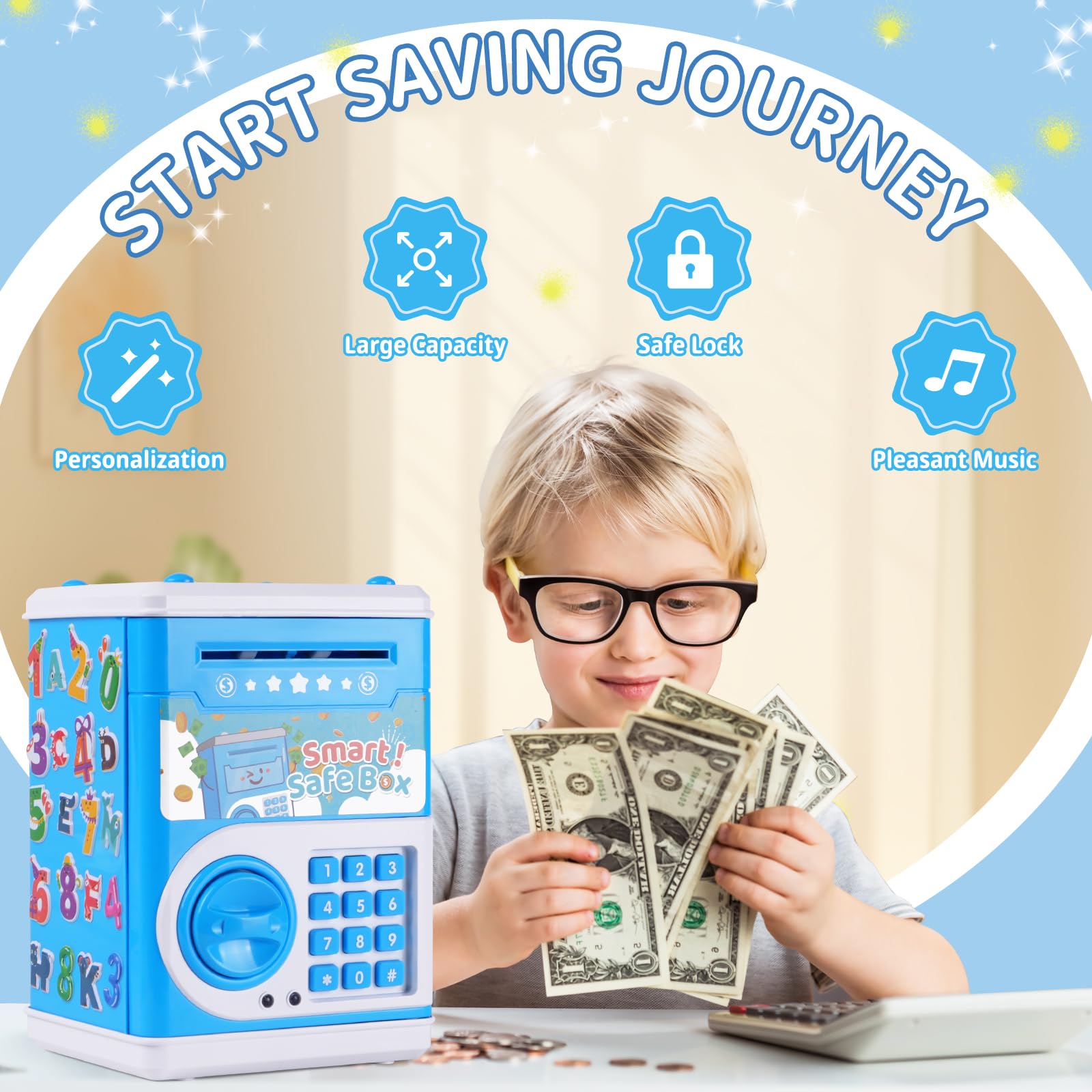 STOPKLAS Piggy Bank blue deposit slot showing automatic money roll feature