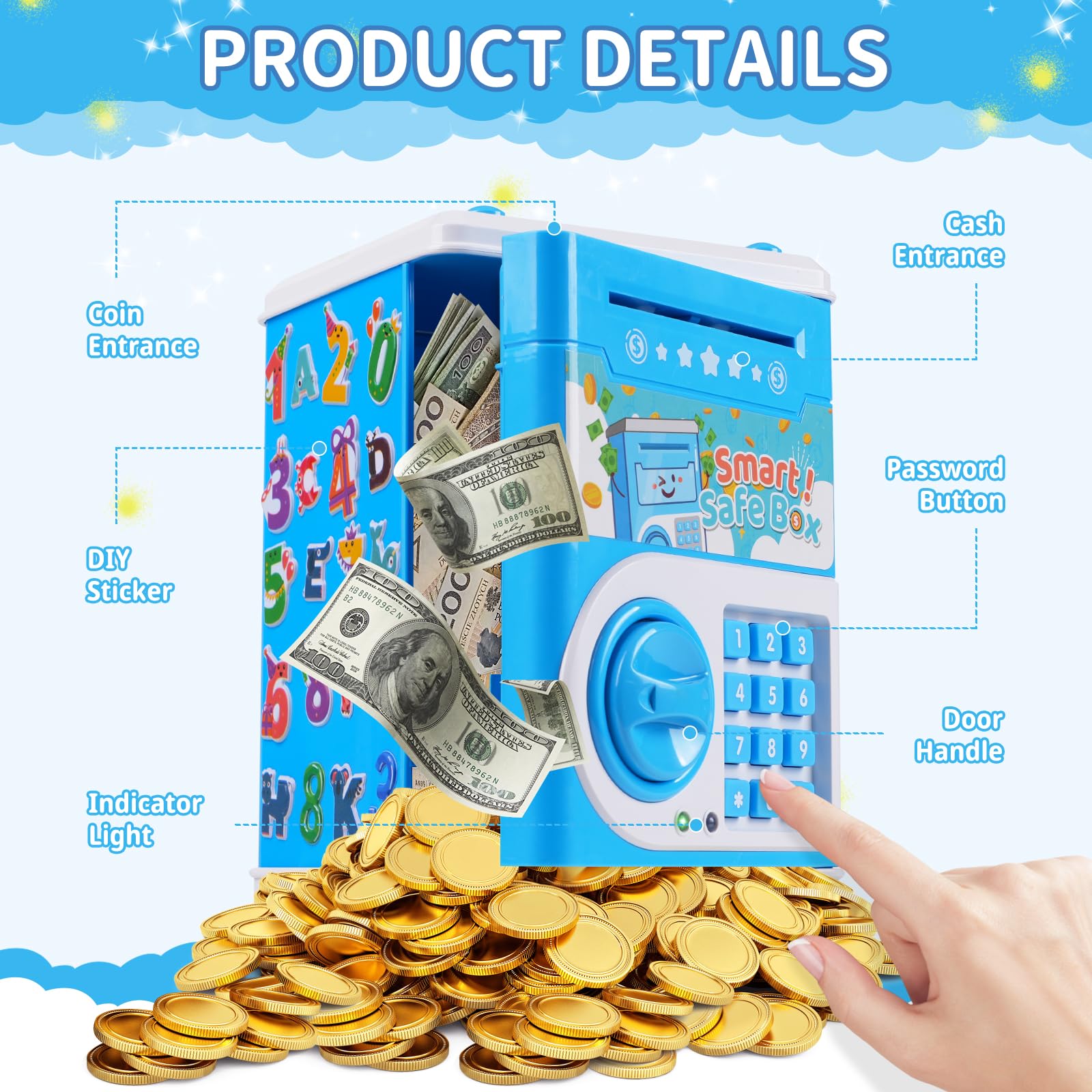 STOPKLAS Piggy Bank blue LED lights and sounds enhance saving moments