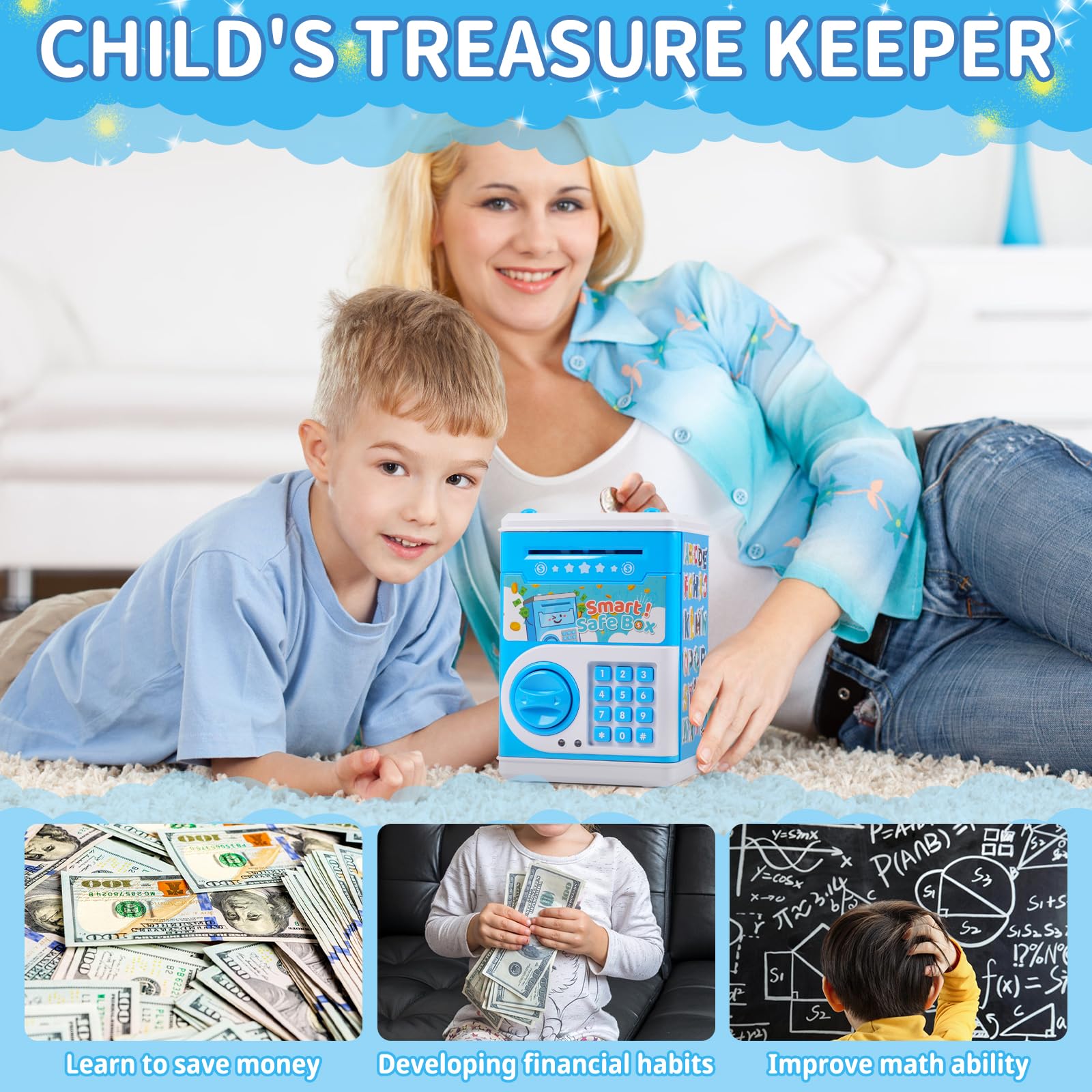 STOPKLAS Piggy Bank blue password lock feature enabling kid-controlled access