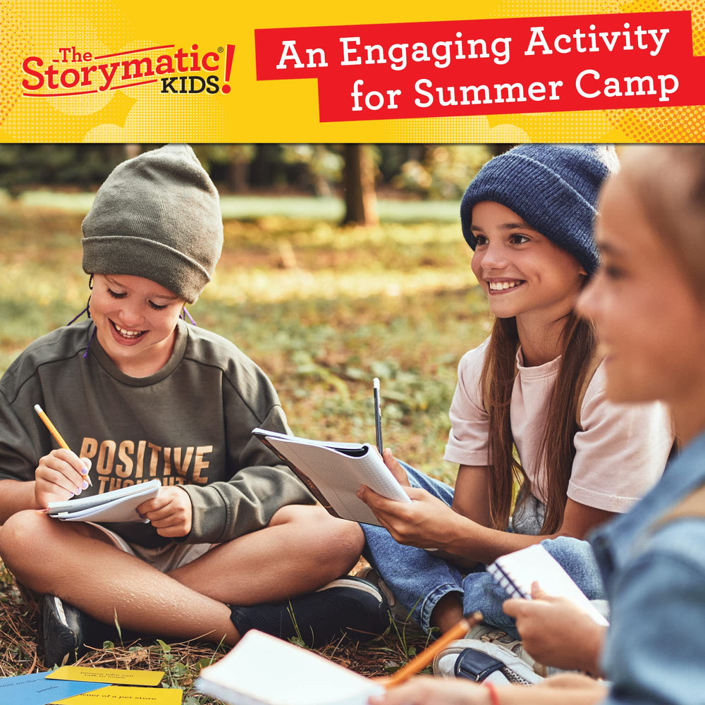 Storymatic Kids booklet prompts guide use, supporting non competitive storytelling activities.