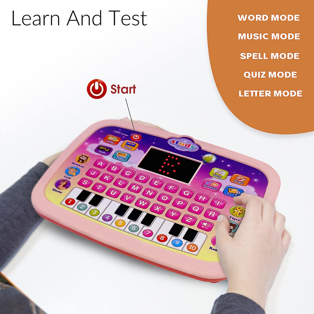 STOULKD Kid Tablet learning modes image indicates versatile topics like letters and numbers