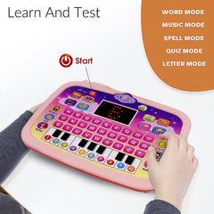 STOULKD Kid Tablet learning modes image indicates versatile topics like letters and numbers