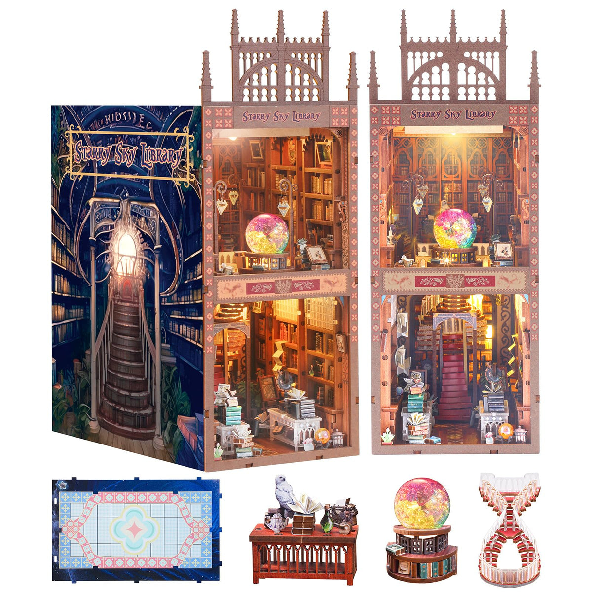 Stoytto 570PCS Book Nook Kit with rotating staircase creates a cozy shelf centerpiece.